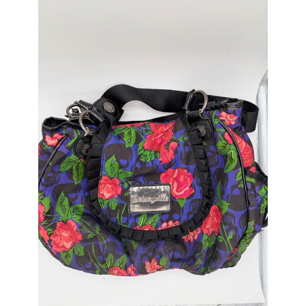 Betseyville Betsey Johnson Skull Roses Shoulder Tote Bag Ruffled Front‎ Floral